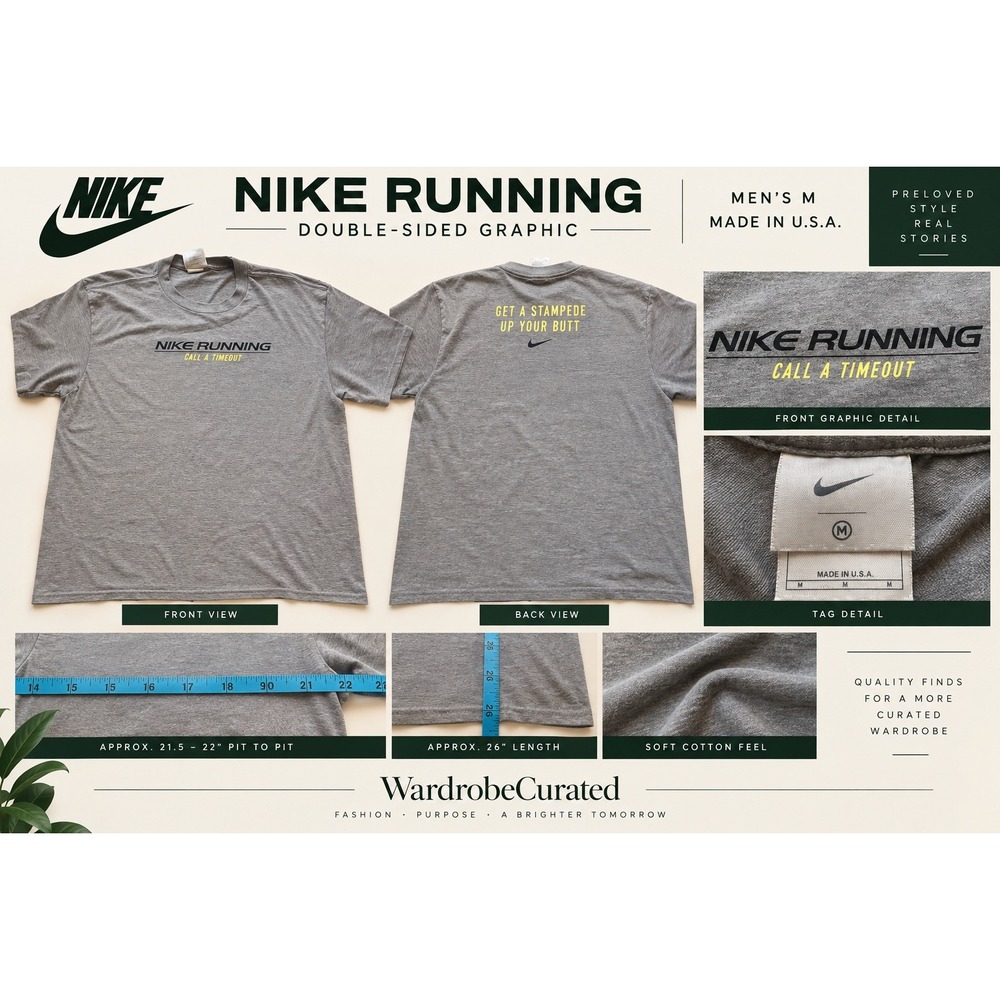 Vintage 90s Nike Running T Shirt Mens M USA Made Stampede Slogan Gray Silver Tag